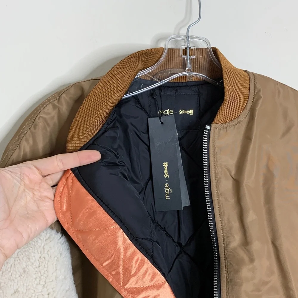 NEW Maje x Schott Boston Shearling Bomber Jacket (Sz FR 40 / US 8) Caramel - Picture 7 of 16